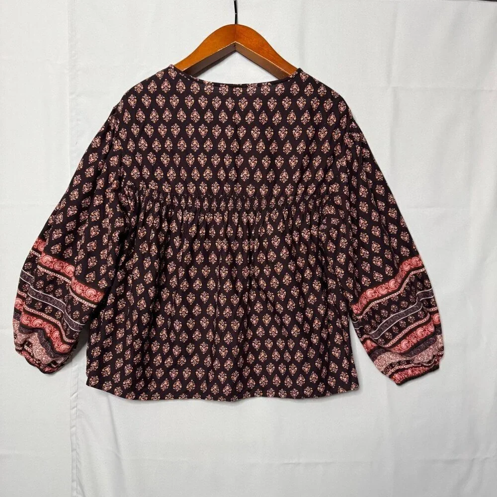 Old Navy Long Ballon Sleeve Smocked Brown Printed Poet Peasant Blouse Size Large